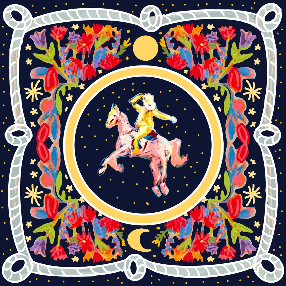Mandy Stobo’s “Dancing in the Sky” bandana: a cowgirl on a rearing pink horse inside a gold ring of flowers, stars and rope.